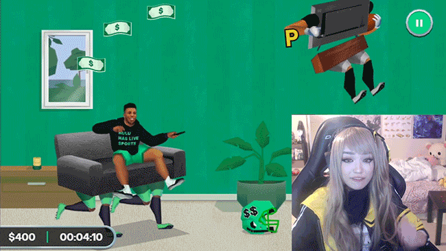 Twitch gameplay footage with a streamer’s webcam alongside Saquon’s running couch